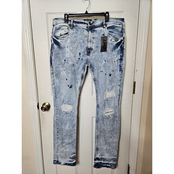 AHP Jeans Blue Acid Light Wash Distressed Cotton Blend Mens Size 40X33 NWT - Picture 1 of 12